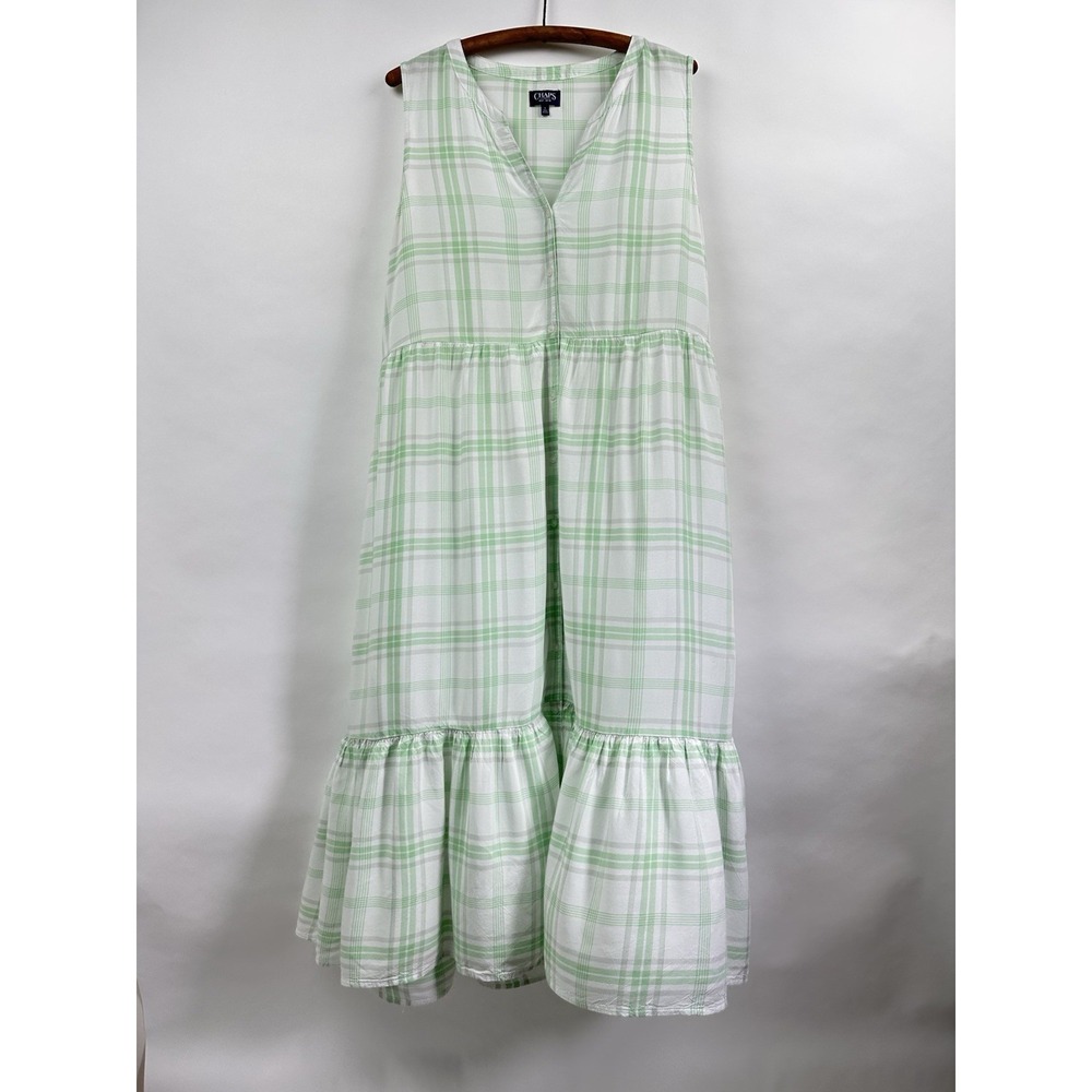 CHAPS Plaid Tiered Maxi Dress Large Mint Green Prairie Cottagecore Pockets Vneck - Picture 4 of 12